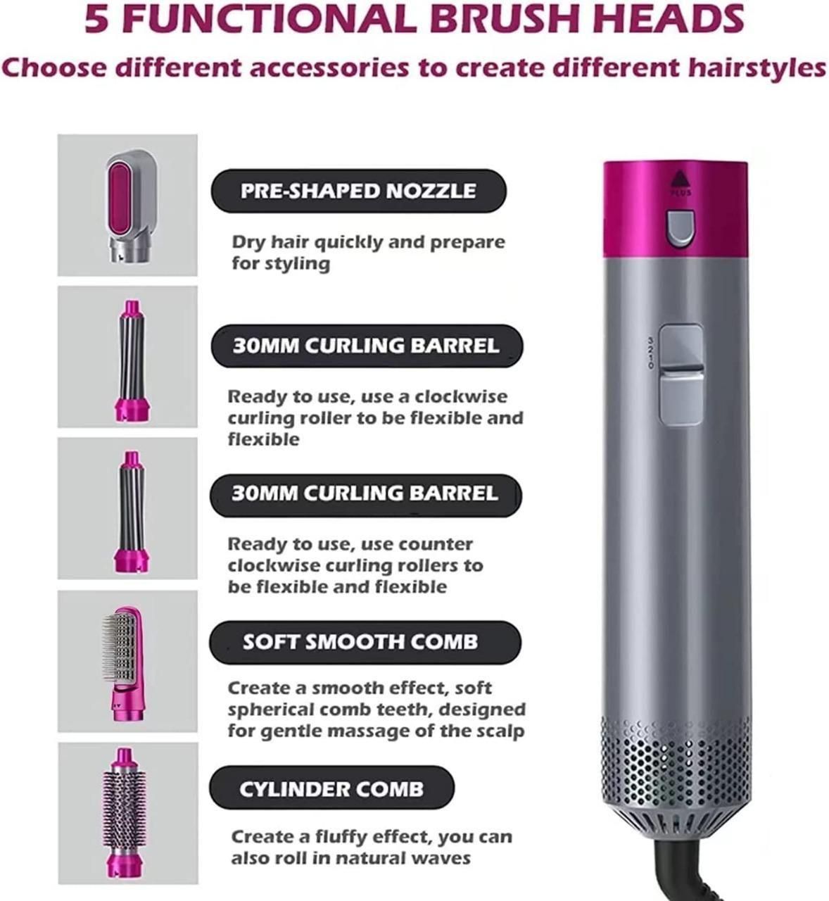 5-in-1 hot air styler with auto-curl and multiple heads for effortless drying, smoothing, and styling.